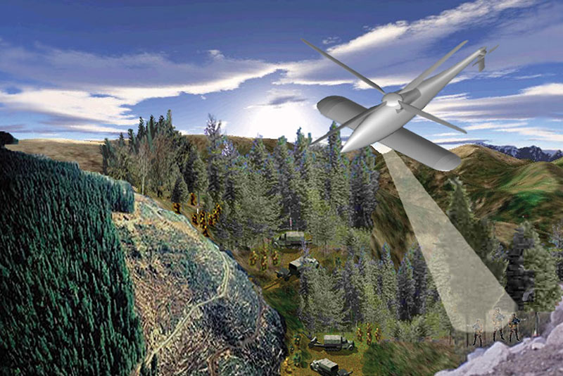 FORESTER concept graphic showing white helicopter flying over forest with radar beam descending from the helicopter looking for targets in the trees