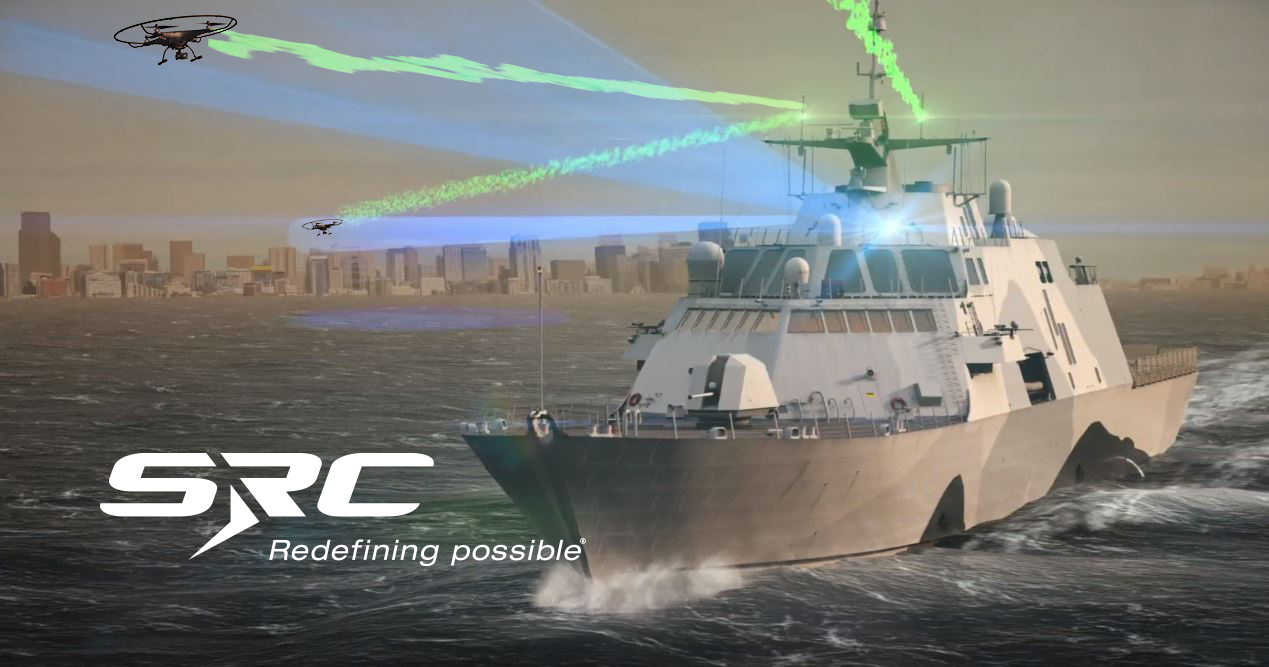 CGI rendering of SRC's shipboard counter-UAS system detecting and jamming small UAS in a harbor