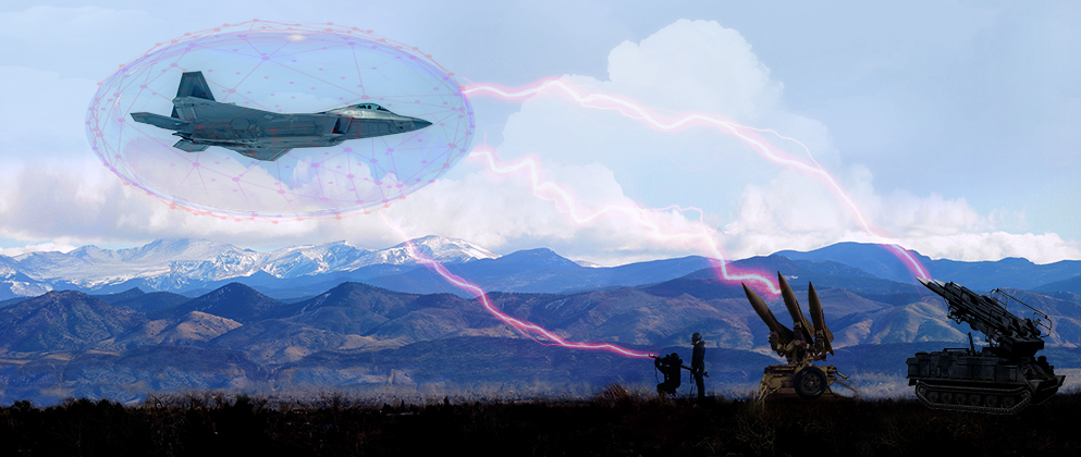 F35 flying past threats in an bubble of protection created by SRC's intelligence mission data